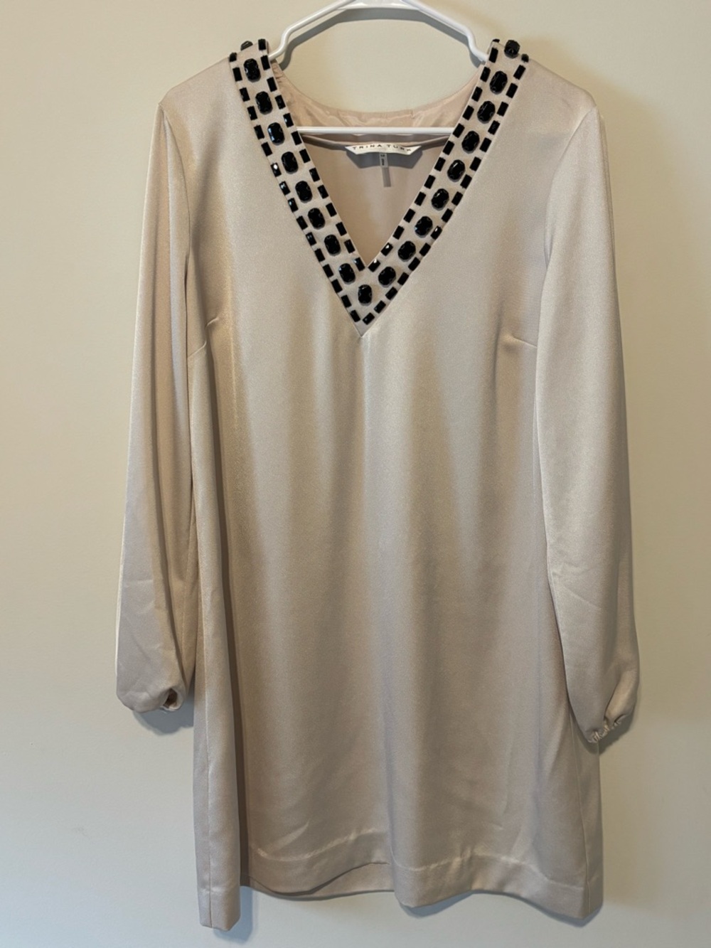 Trina Turk Cream Long Sleeve V-Neck Dress with Black Beaded Trim Size 12